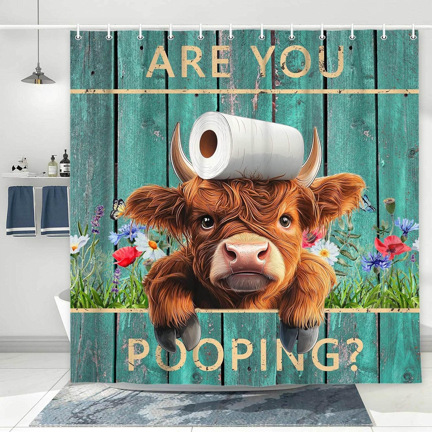 

Retro Highland Cow Shower Curtain, Green Plank Door Farmhouse Wood Floral Bathroom Decor with Hooks 90x180CM
