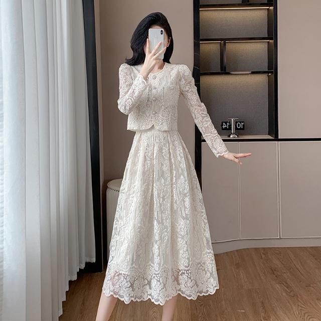 Lace Blouse Skirts Sets Solid Spring Autumn Korean Fashion 2 Pieces Set Women Outfits Elegant Conjunto Femenino