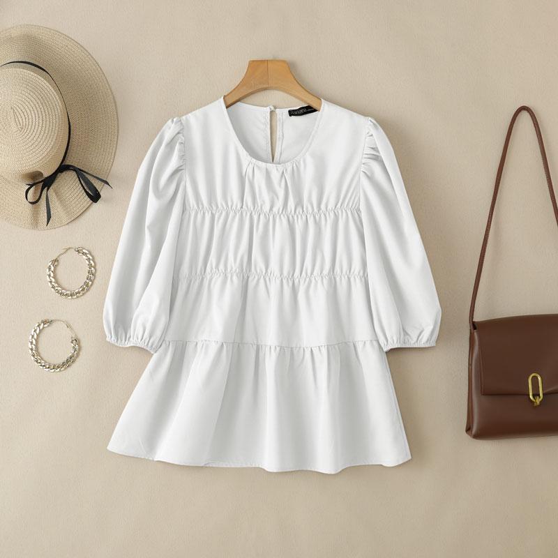 ZANZEA Kvinner Casual rund hals ensfarget løs kortermet bluse