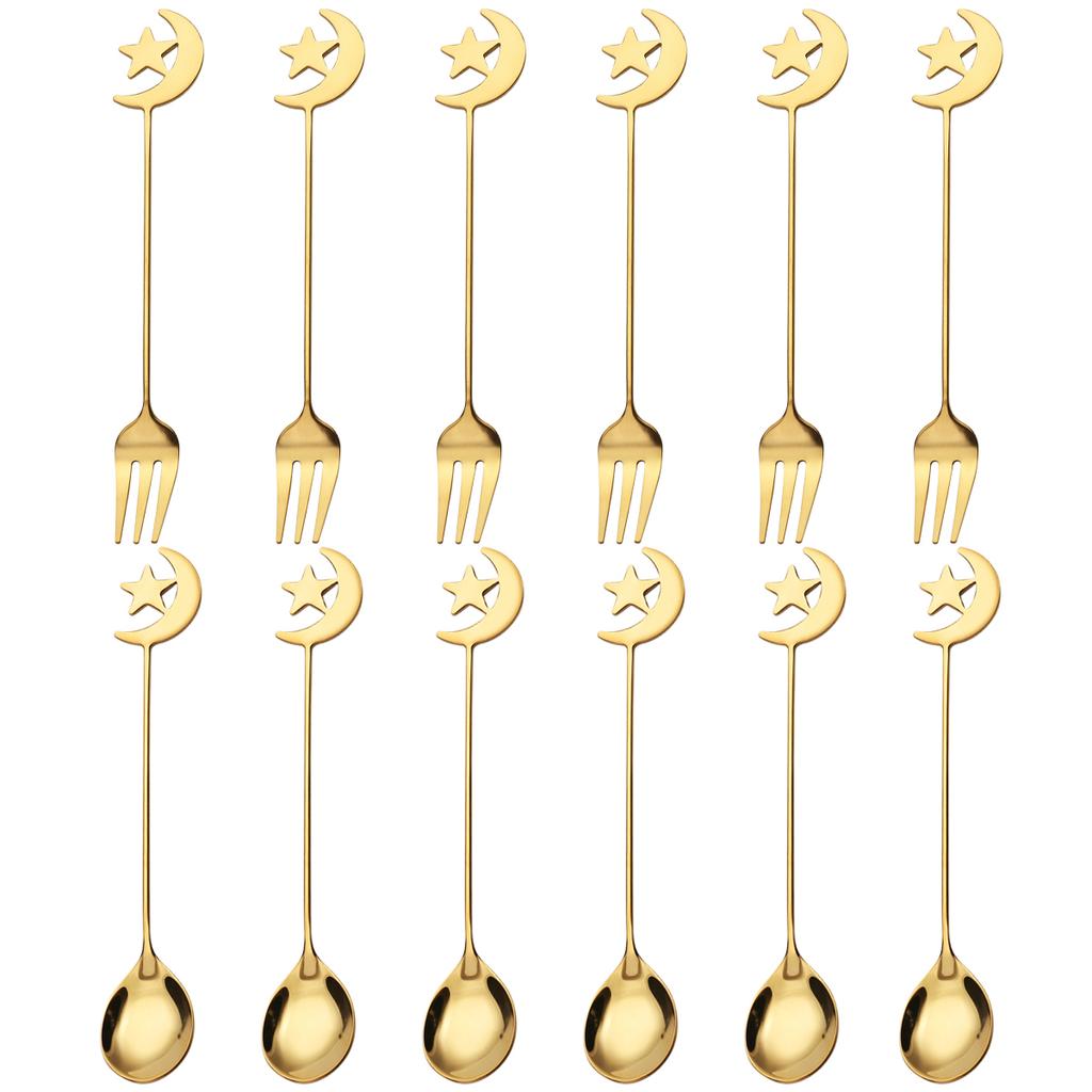 12pcs Gold Star Moon Spoon Fork Dinnerware 304 Stainless Steel Eid Mubarak Ramadan Islam Muslim Home Party Decoration Tableware