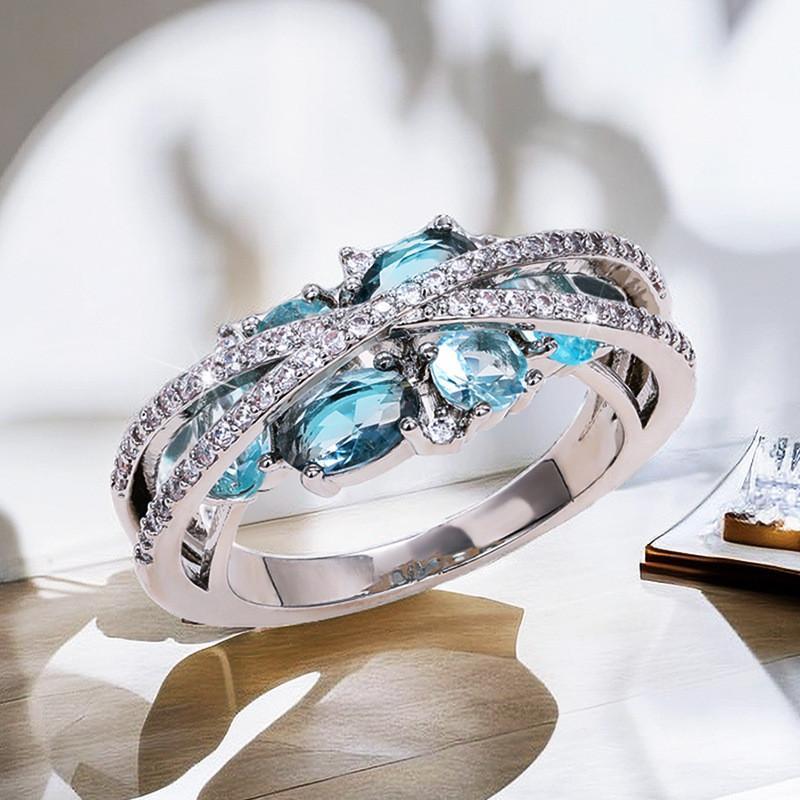 925 Sterling Silver Cross Band with Blue Cubic Zirconia New Women Rings Fashion Design Female Finger Jewelry Gifts