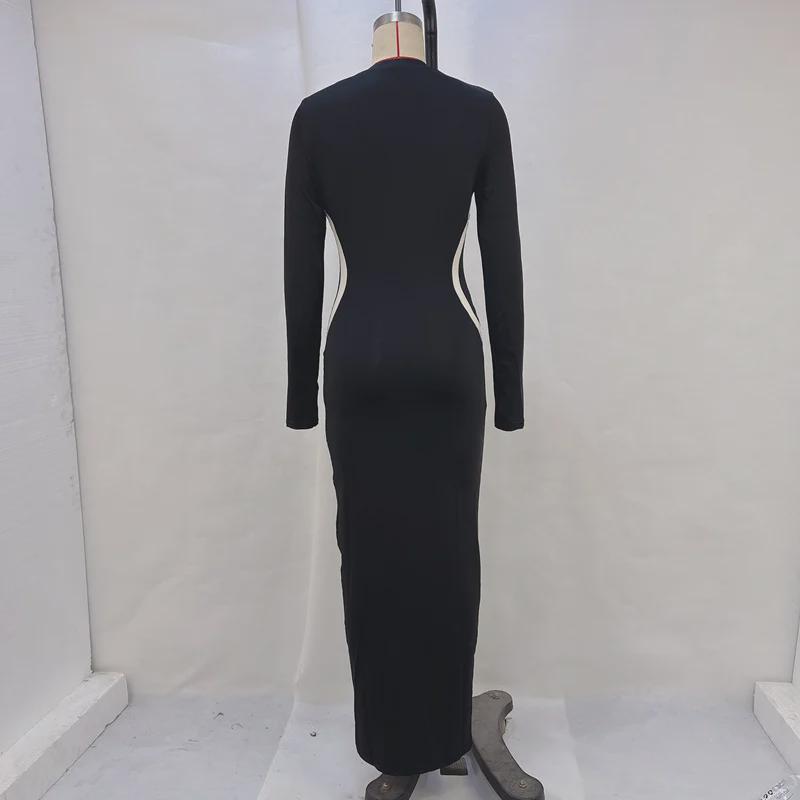 2024 Autumn/Winter Fashion: Women's Color-Block Slim Round Neck Long Sleeve Finger Set Dress
