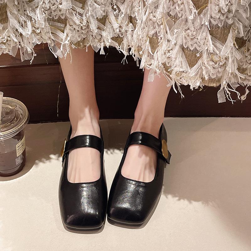 2025 Spring Soft Leather Metal Buckle Small Square Head Retro Flat Heel Single Shoes One-word Buckle Mary Jane Shoes Women's Shoes Flat Shoes