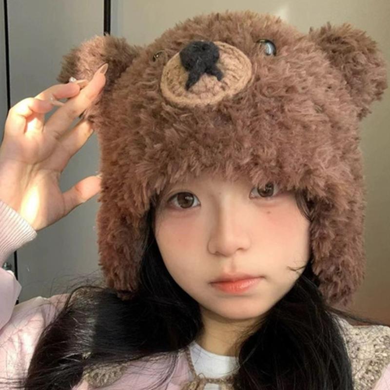Cartoon Bear Plush Hat Adjustable Headwear Unisex Fashion Warm Lovely Hat for Adults and Kids