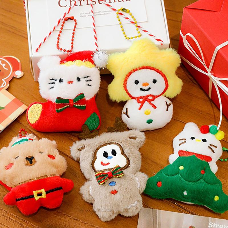 Cute Kitty Plush Keychain Christmas Tree Shaped Cartoon Plush Doll Backpack Hanging Chain Detachable Keychain Christmas Kid Gift