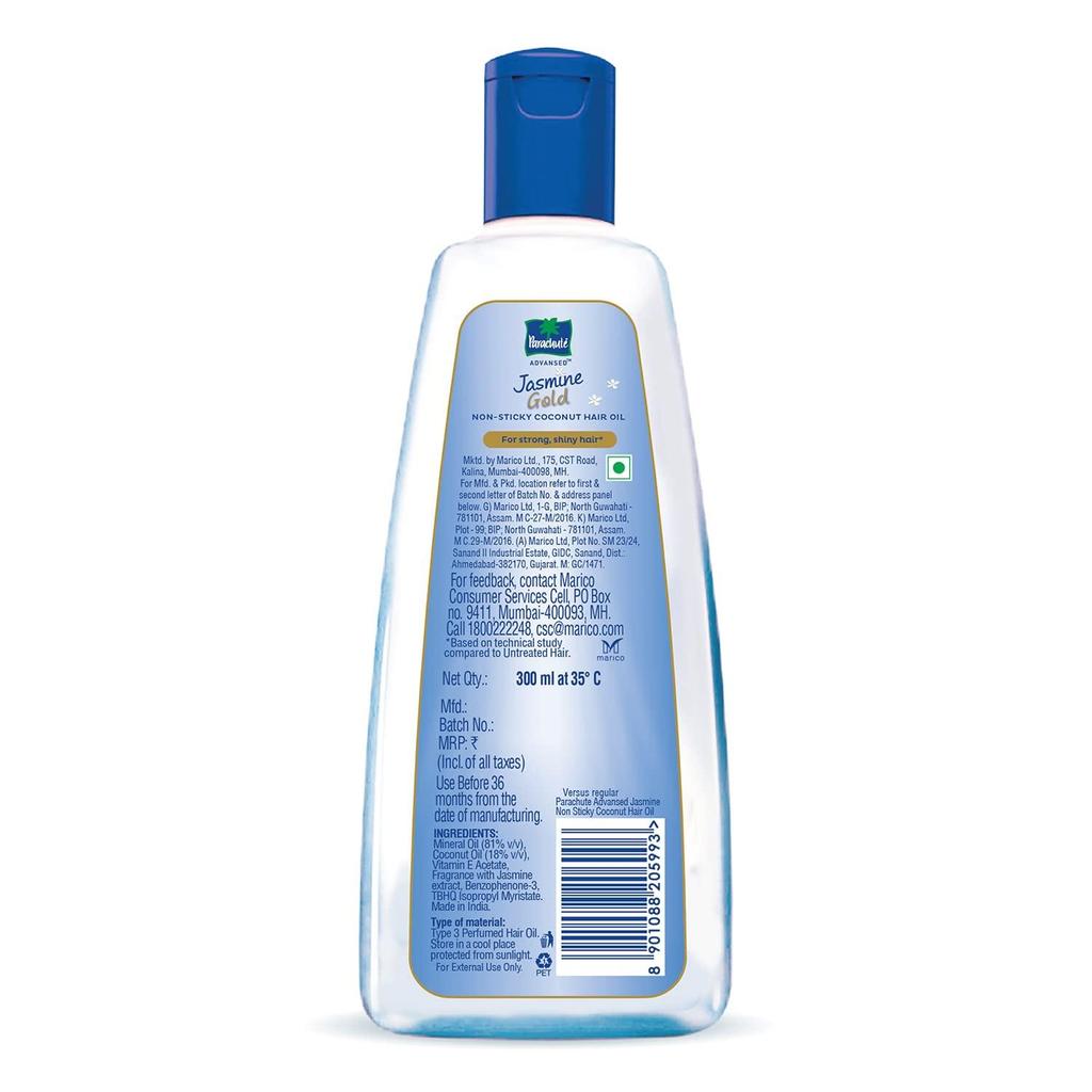 Parachute Advansed Jasmine Gold Coconut Hair Oil With Vitamin-E For Super Shiny Hair, Non-sticky, 300ml