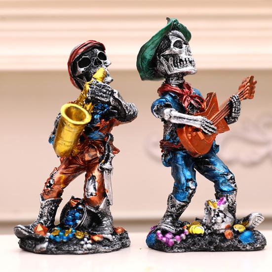 Rock Skeleton Figurine Skeleton Band Saxophonist Decoration Skeleton Guitarist Singer Statue Halloween Desktop Ornament for Mantel Shelf