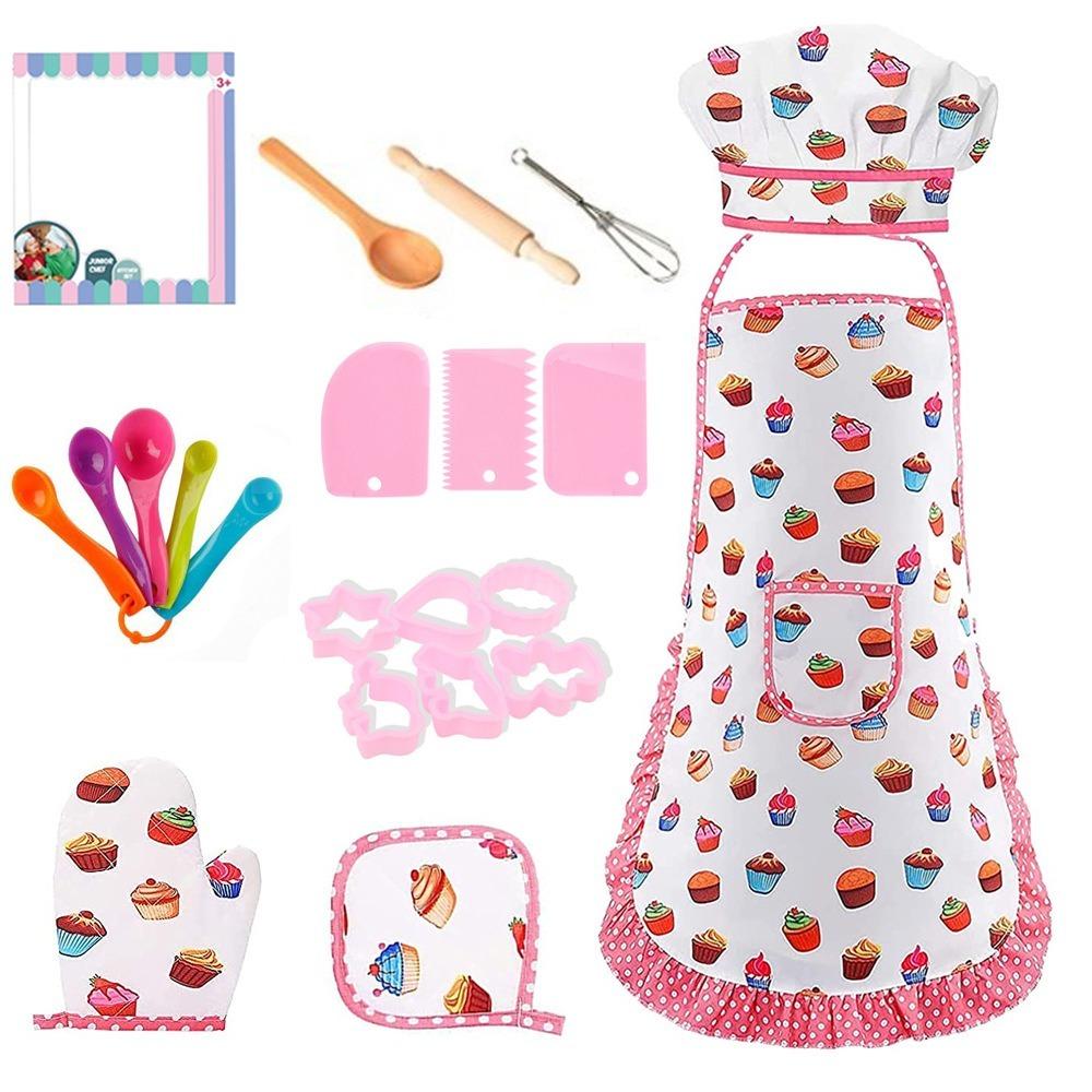 4/11Pcs Pink Apron for Little Girls Gift Kids Kitchen Chef Baking Tool