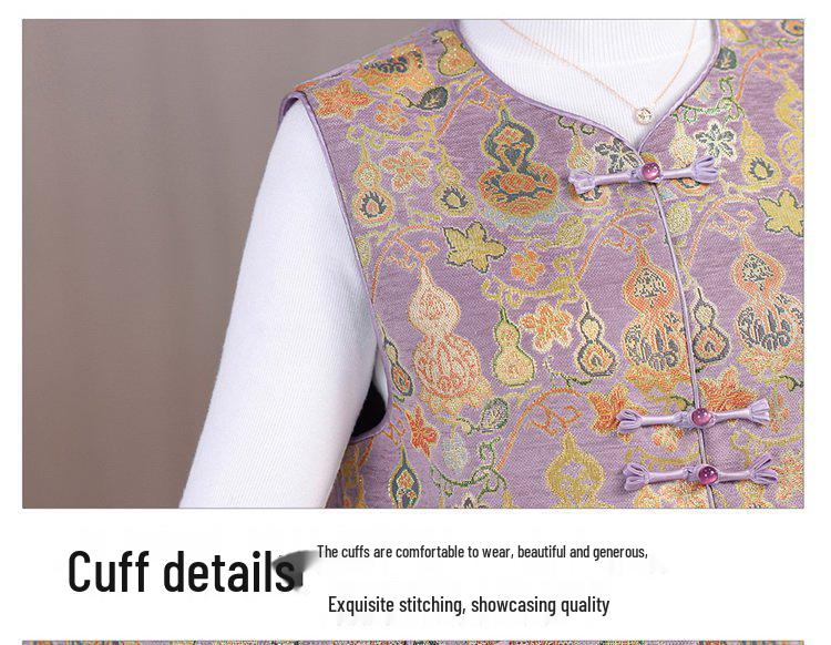Damen Retro Chinesischer Stil Froschknopf Rundhals Weste – Frühling/Herbst Kürbis Jacquard Design