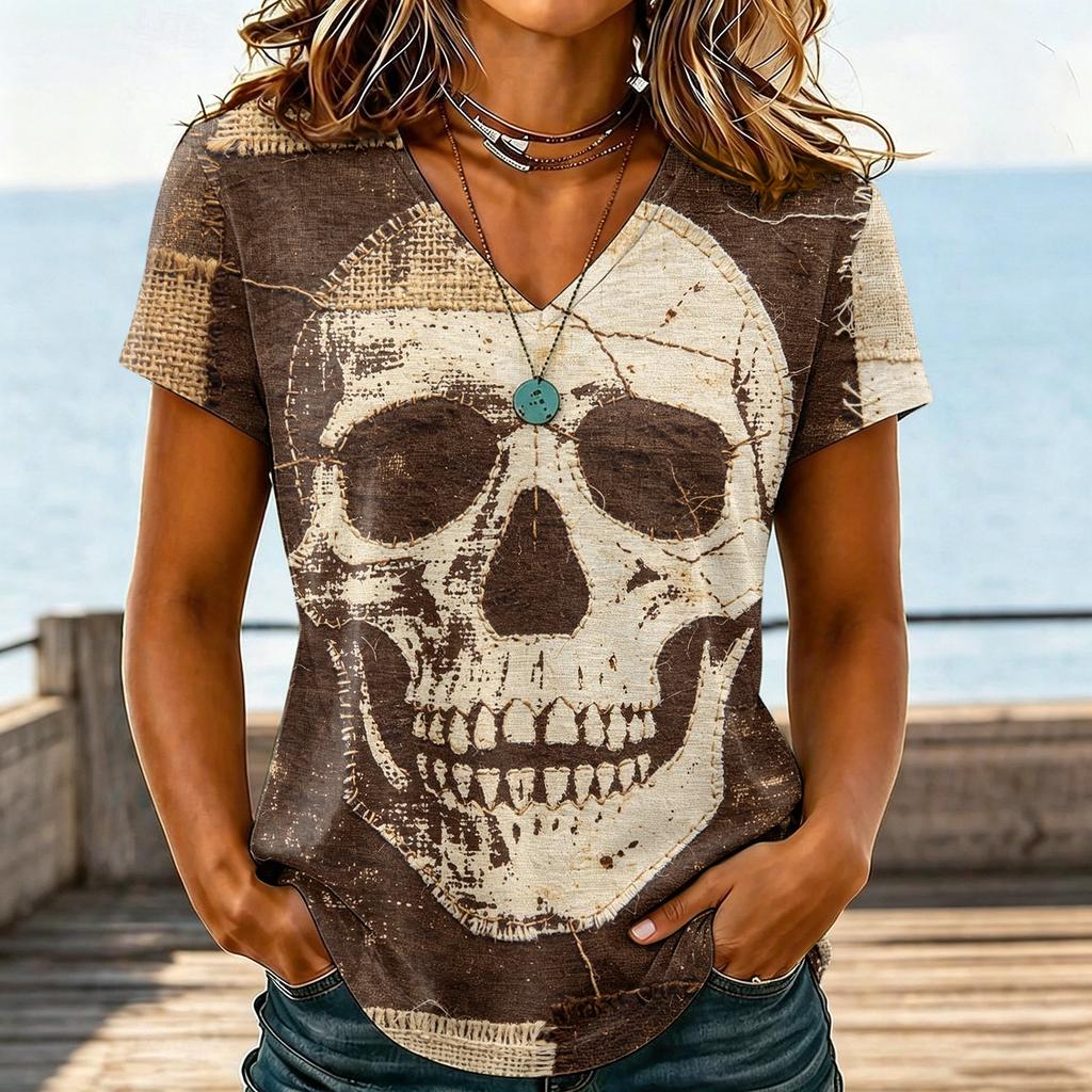 Women's Casual V-Neck T-Shirt with Halloween Print