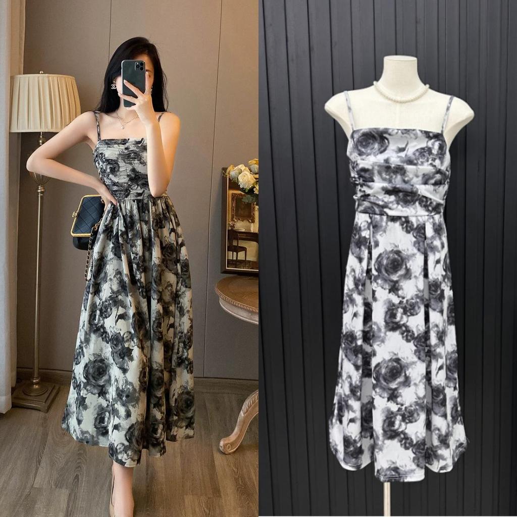 Retro Floral Sleeveless Beach Dress - Slim Fit, Versatile Vacation Style