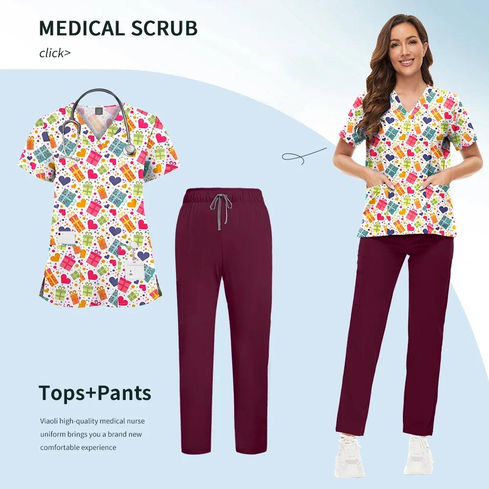 Printed Scrub Uniform Set V Neck Short Sleeves Pockets Top Medical Soft Scrub Pants Sets Nurse Surgical Uniforms Woman
