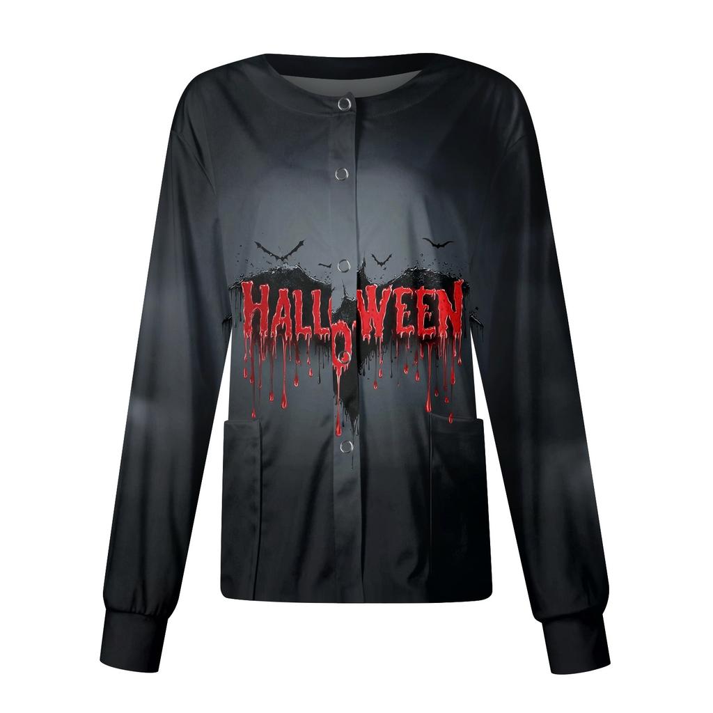 Women's Halloween Printed Casual Long-sleeved Single-breasted Work Uniform Cardigan Top