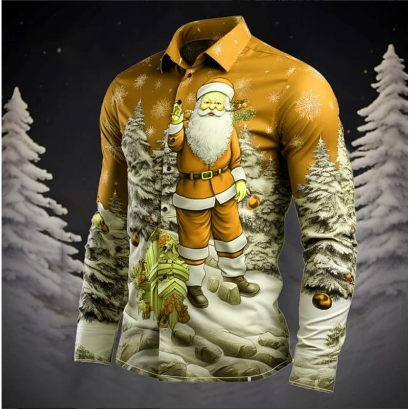 Christmas Theme Men Casual Long Sleeve 3D Star Printed Street Party Long Sleeve Soft and Comfortable Shirt Santa