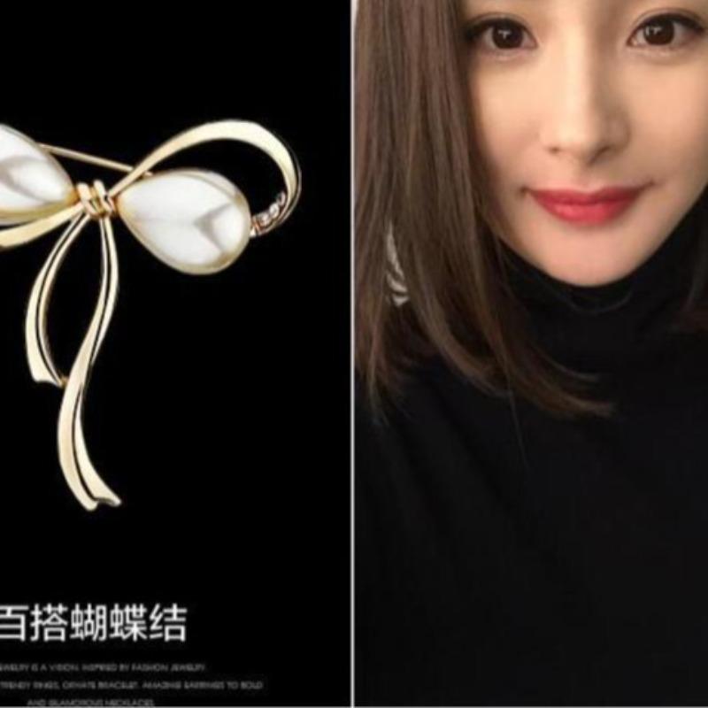 Zircon Rhinestone Bow Tie Brooch Female Simple Crystal Pearl Personality Bowknot Fashion Pin Suit Anti-light Corsage Jewelry