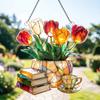 Floral Tea Cup And Book Suncatcher Stained Glass Effect Window Car Hanging Ornament Acrylic Garden Sun Catcher Panel for Women Mom Grandma