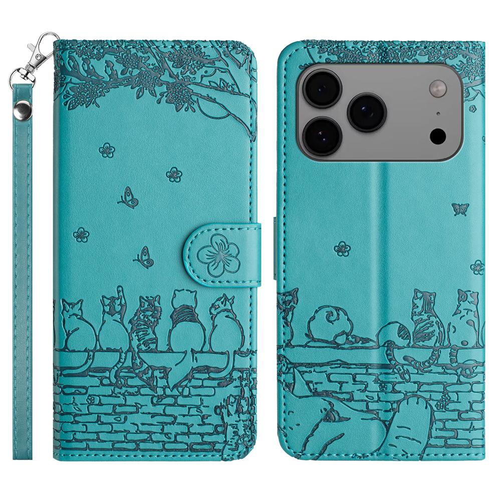 For iPhone 17 Pro Case with Wrist Strap Leather Phone Cover Wall Cats Pattern