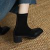 Krazing Pot Cow Skin Winter Square Toe Chelsea Boots Med Heels Zipper Women Flock Patch Work Ankle Boots