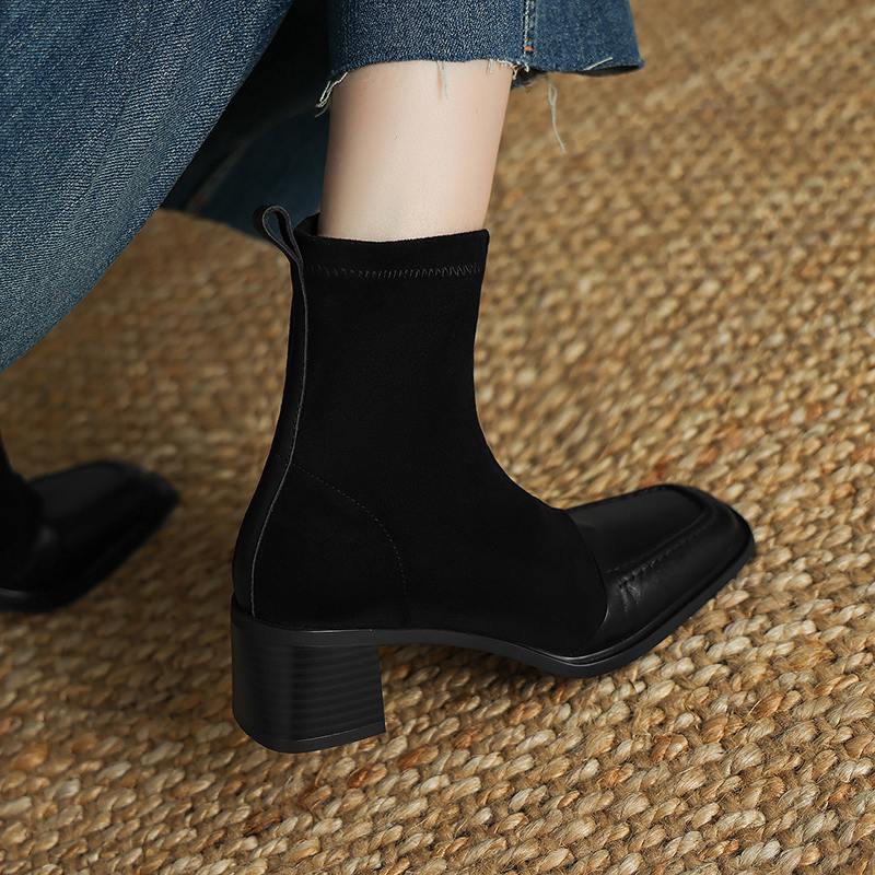 Krazing Pot Cow Skin Winter Square Toe Chelsea Boots Med Heels Zipper Women Flock Patch Work Ankle Boots