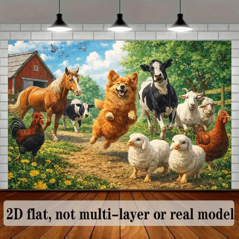2D Farm Animal Background Banner, Happy Barnyard Animals & Barn Backdrop for Kids Photoshoot