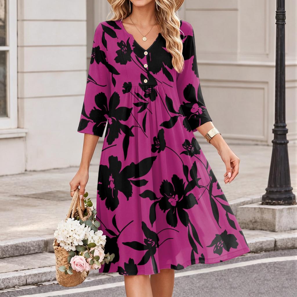 Women's Casual Floral Print V-Neck Three-Quarter Sleeve Dress