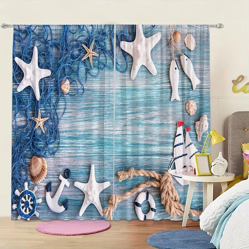 Starfish Fishing Boat Background Pattern Printed Curtains, Window Decorations, Home Decorations, Room Decorations