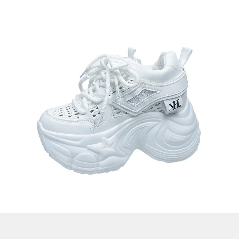 Fashion 9CM New 2025 Chunky Leather Sneakers Summer Casual Vulcanized Shoes Woman High Platform Breathable Mesh Sneakers Sport Dad Shoes