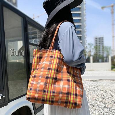 Retro Plaid Orange Tote Bag – Large Capacity, Lightweight, Fashionable Cloth Bag for Commute