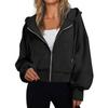Women's Hooded Zip Up Cropped Sweatshirt Solid Color Lantern Long Sleeve Casual Loose Fall Winter Outerwear Jacket