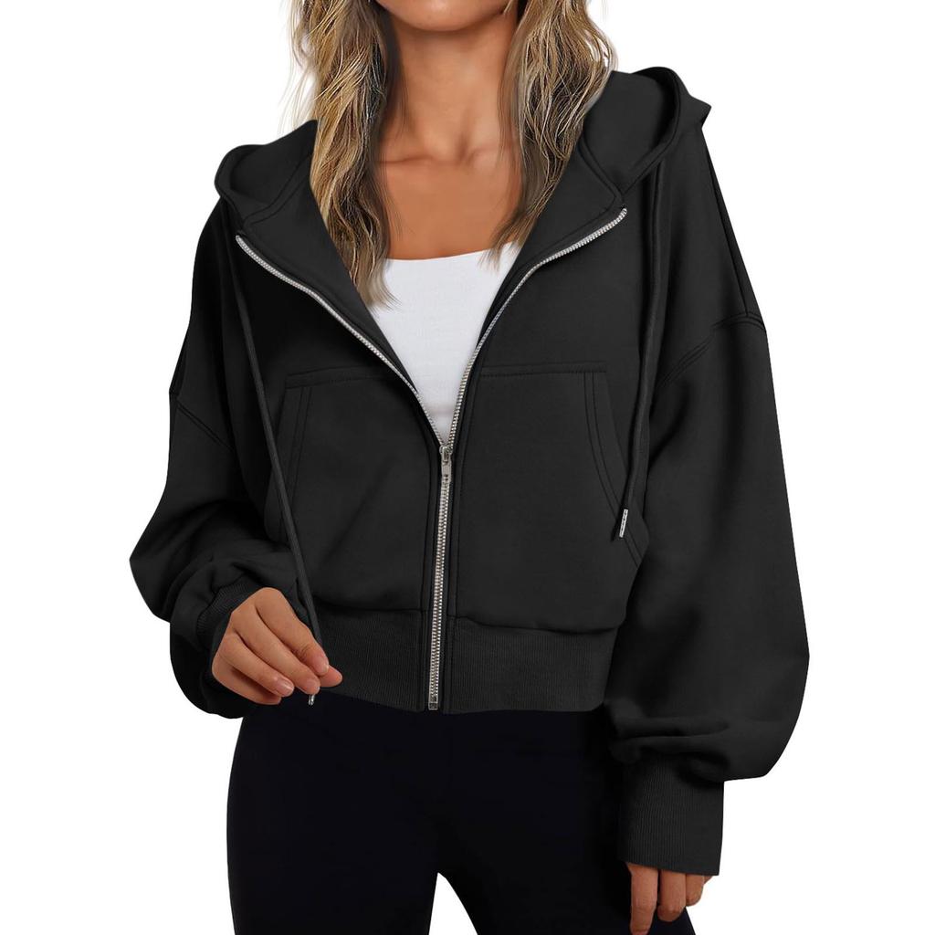 Women's Hooded Zip Up Cropped Sweatshirt Solid Color Lantern Long Sleeve Casual Loose Fall Winter Outerwear Jacket