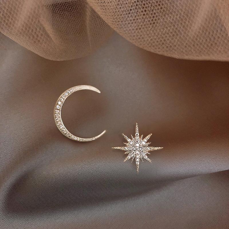 Star Moon Earrings Korean Version Asymmetrical High Sense Earring Fashion Prevent Allergy Exquisite Ear Nail