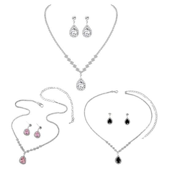 1 set Set de bijuterii pentru femei, colier cu strass, cercei, bal, nunta, mireasă, cercei cu picătură de apă, ocazii formale, bijuterii pentru gât