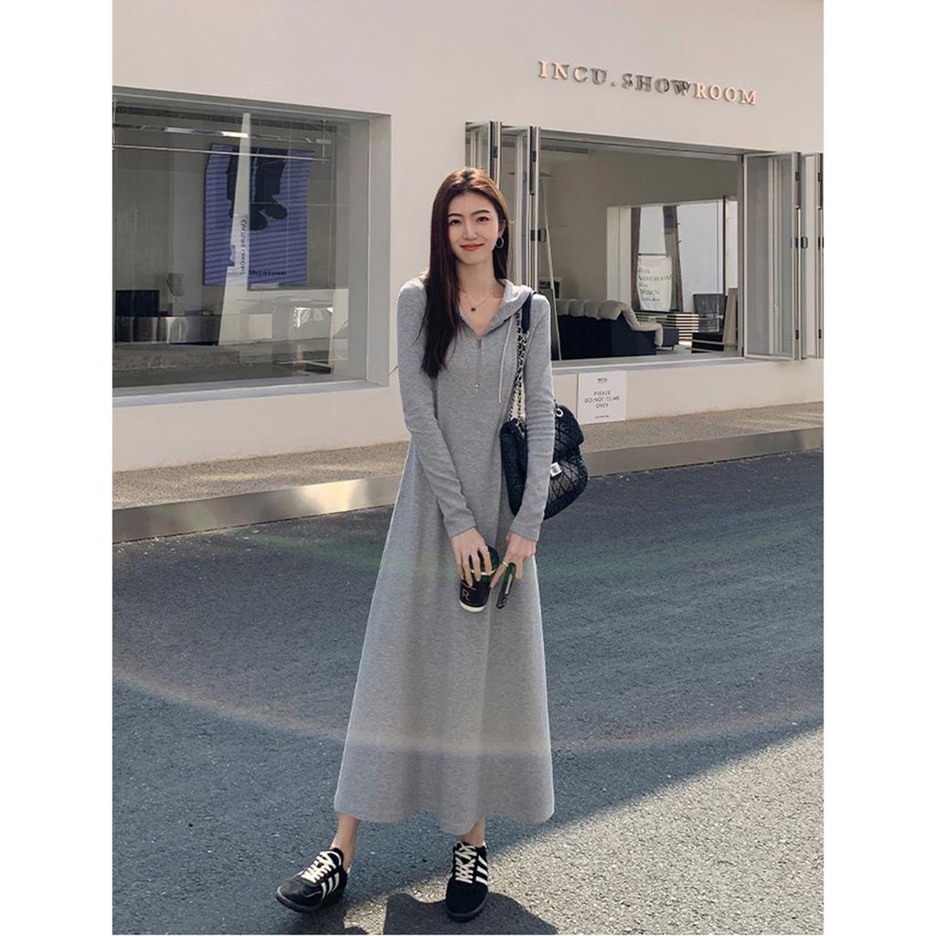 [Tmall Quality] Black Hooded Knitted Dress Women's Casual Niche Design Sense Skinny Sweater Skirt Long