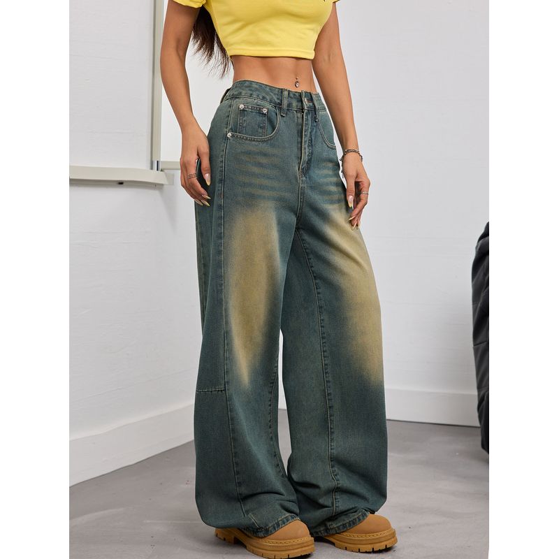 American Vintage Wide-Leg Pants Women Gyaru Embroidered Washed Design High Street Mid-Waist Straight Mid-Mop Pants Jeans