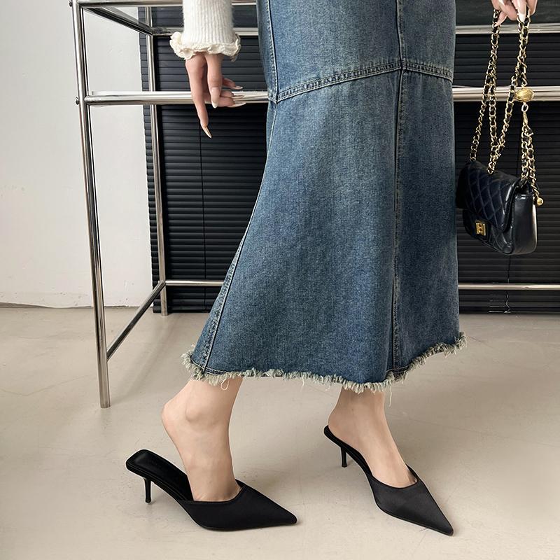 Fashion Aphixta 7 Cm Thin Heels Black Concise Women Slides Pointed Toe Summer Dress Slides Solid Color High Heels Elegant Shoes Size 42