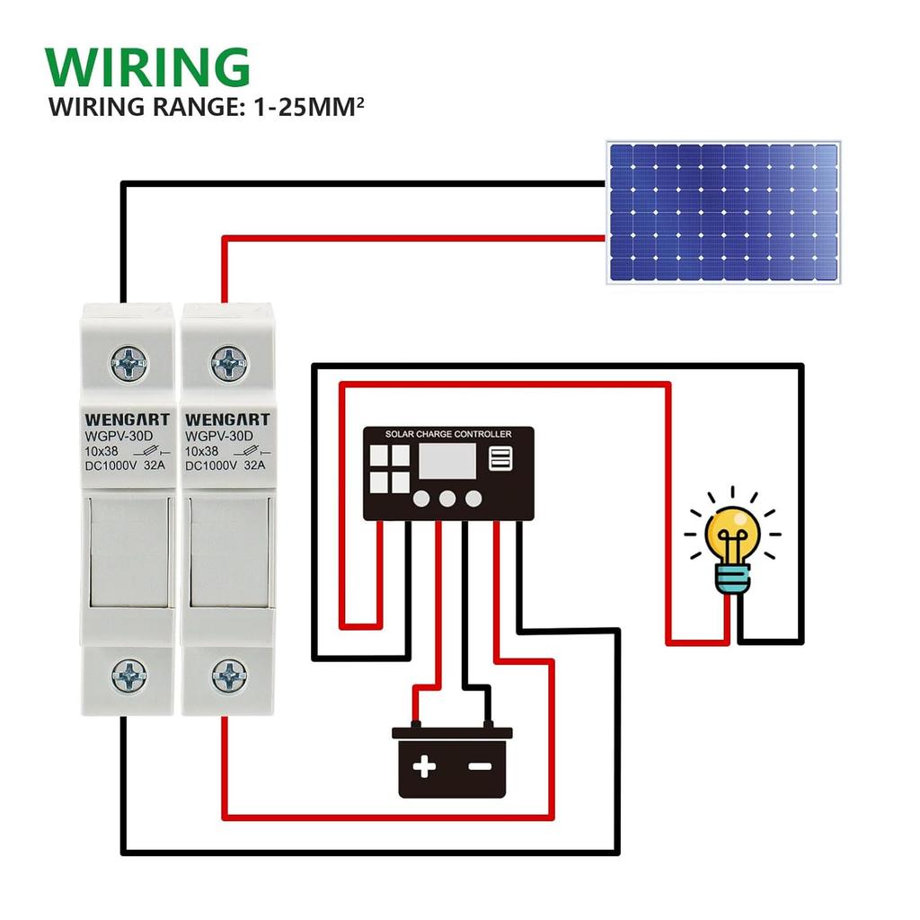 Wengart Solar Fuse Holder WGPV-30D,1 Pole DC1000V 35mmDIN Rail Mount Fuse Holder for fuse 10x38mm gPV Up to 32A,18 to 8 AWG