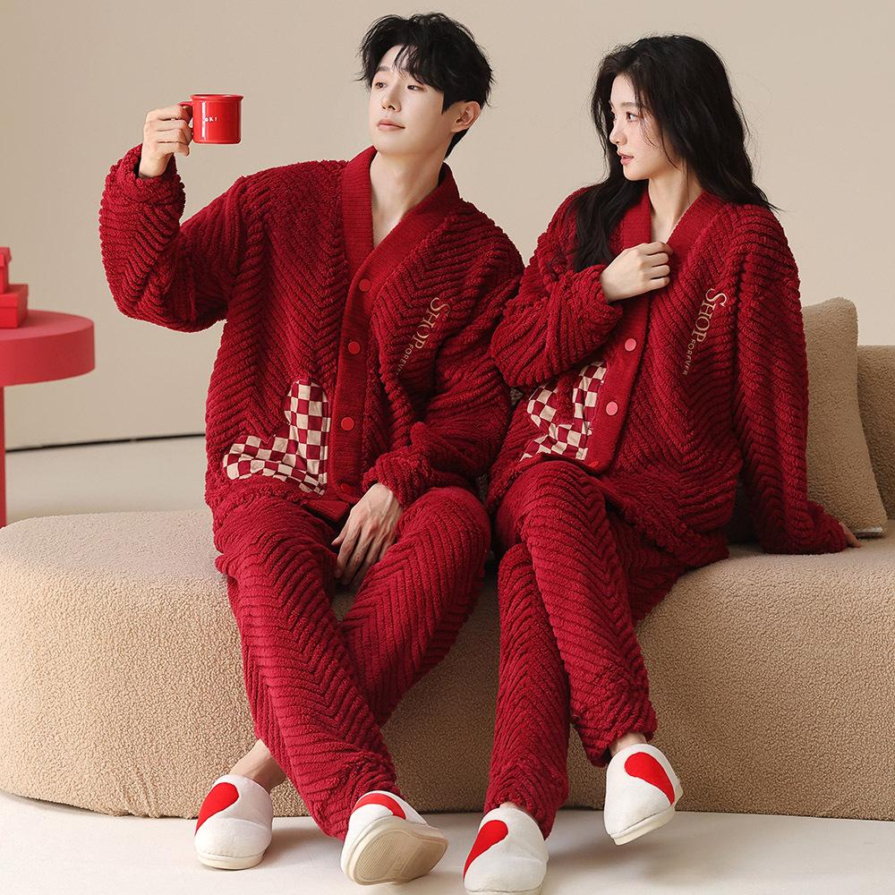 Couple Pajamas Winter Coral Fleece Wedding Thickened Wedding Festive Red Men's and Women's Flannel Loungewear