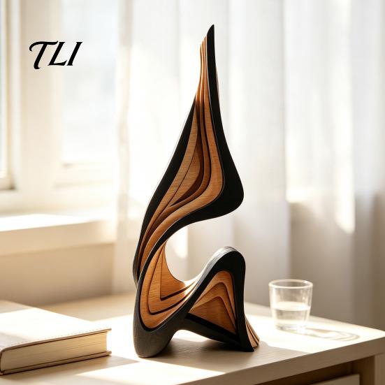 Minimalist Abstract Home Accents Wood Art Sculpture, Modern Solid Figurine for Living Hand Painted Poplar Craft Room Tabletop Decor,