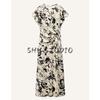 Spring New Women's Clothing Old Money Style Silk Satin Texture Print Short Sleeve round Neck Midi Skirt Dress 2328651