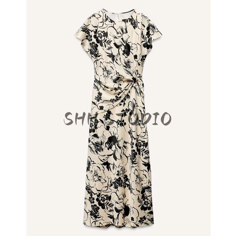 Spring New Women's Clothing Old Money Style Silk Satin Texture Print Short Sleeve Round Neck Midi Skirt Dress 2328651