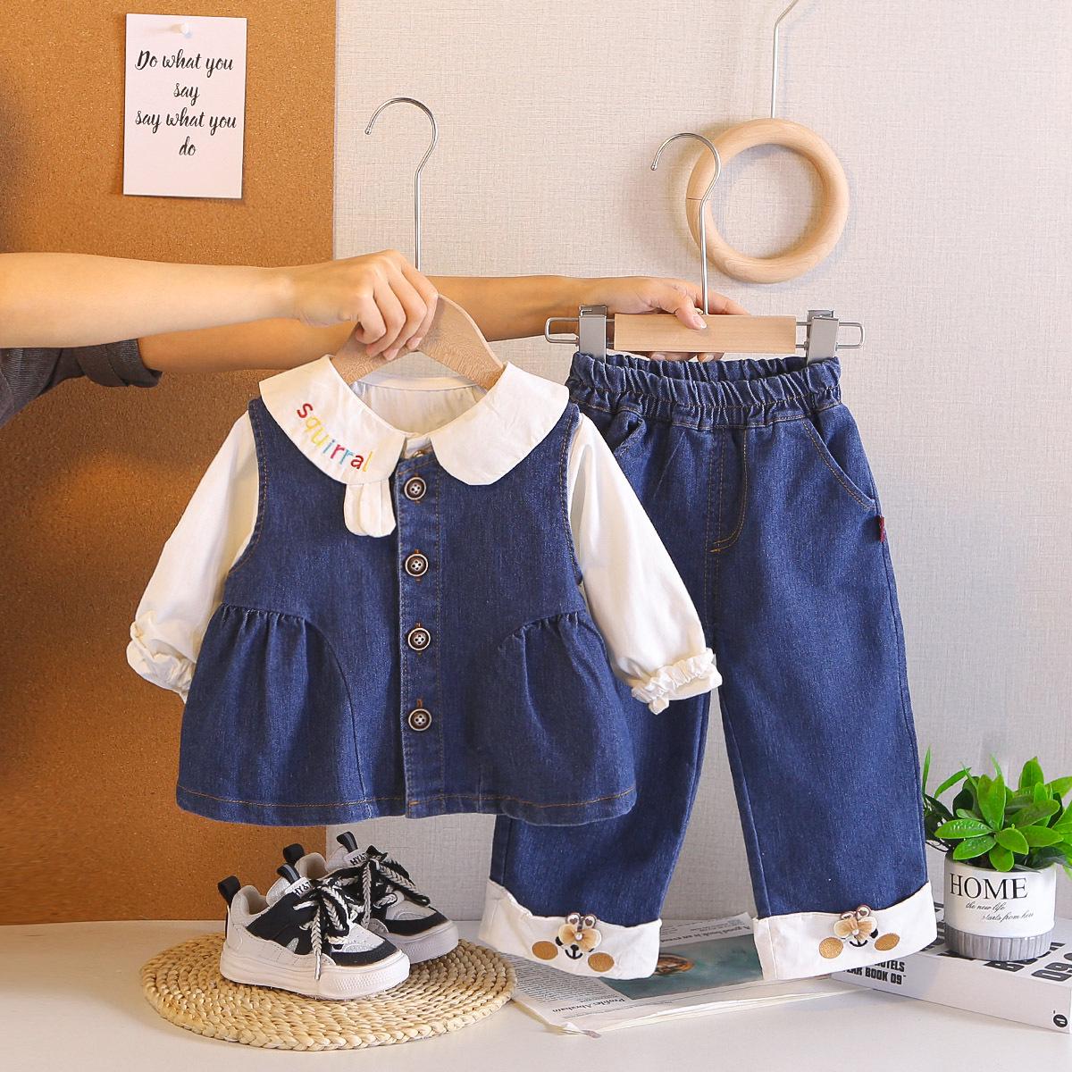 2026 Spring Children s Stylish Rabbit Ear Vest & Long Sleeve Three-Piece Set for Baby Girls - Korean Fashion S темно-синий