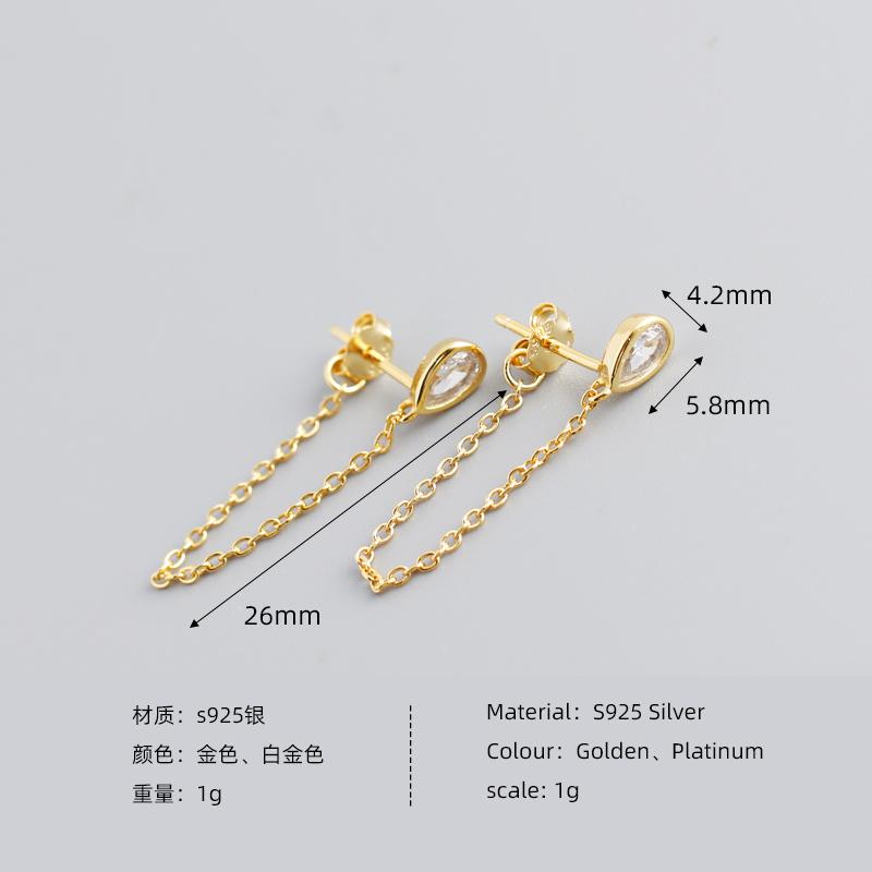 Ins 925 Sterling Silver Long Chain Tassel Oval Water Drop Gold Plated Stud Earrings Jewelry for Women