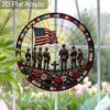 2D Flat Acrylic Memorial Day Suncatcher, 7.87in Round Window Hanging Decor, Soldier Silhouette American Flag Patriotic Ornament