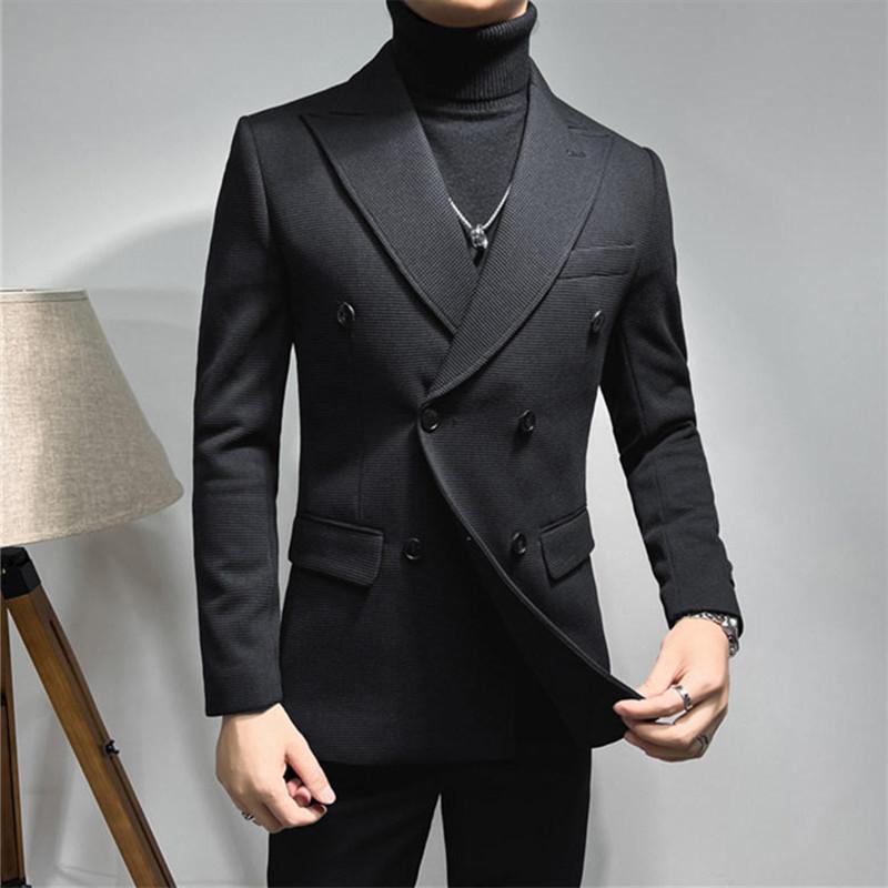 Men Vintage Waffle Weave Double Breasted Blazer Slim Formal Business Party Dress Coat 3XL