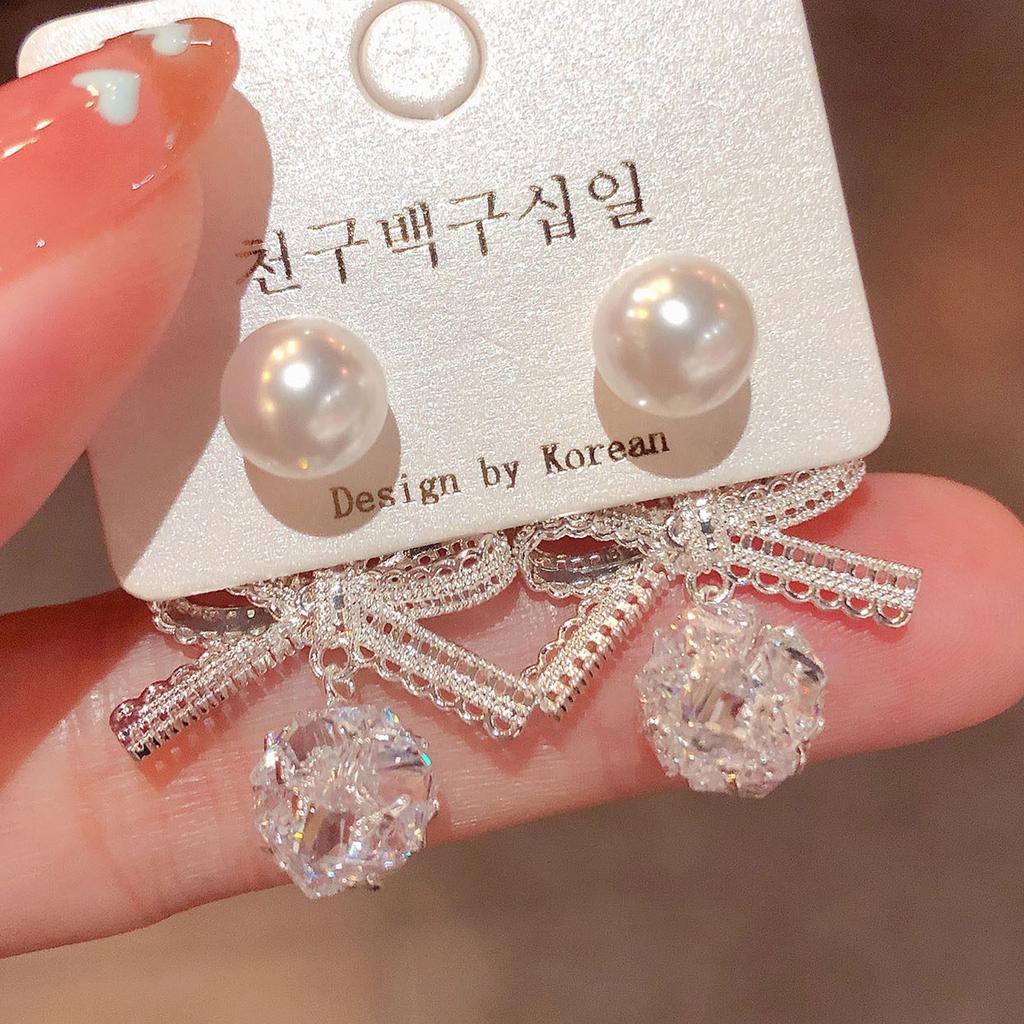 Niche bow zircon crystal ball pearl earrings 1011 new popular temperament advanced sense silver needle stud earrings women