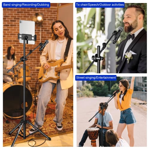 Boom Microphone Stand, Aokeo Floor-Mounted Tablet Microphone Stand with Tripod, 42-68 Inch Portable Microphone Stand with Hanger and Carrying Bag, Sup