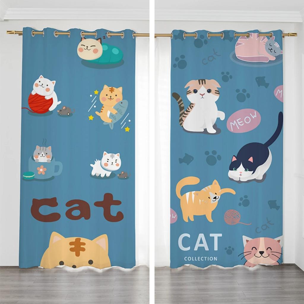 Nordisch Minimalistisch Niedliche Katze Hohe Verdunkelung Vorhang Paar Schlafzimmer Persönlichkeit Kreativ Verdunkelungsvorhang Ösenaufhängung Hakeninstallation