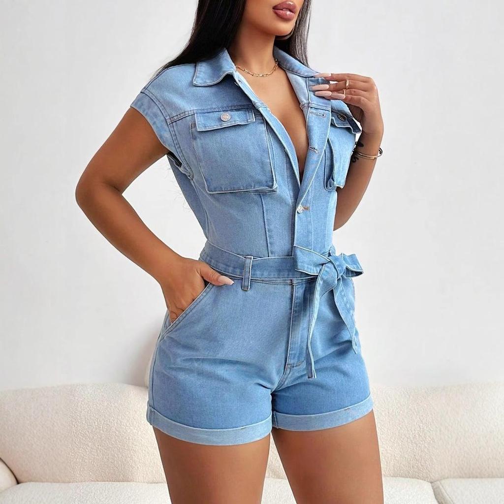 Women's European & American Fashion Lapel Pocket Denim Jumpsuit