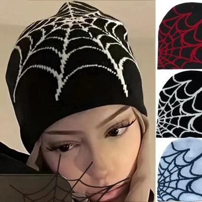 Retro Gotisches Spinnennetz Jacquard Mütze für Damen Herren Kappen Unisex Gestrickter Wärmer Hip Hop Unisex Elastische Strickmütze Beanie Kappe