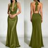 Vestido de Noche Satinado para Mujer con Cuello Halter, Espalda Baja y Escote Drapeado tipo Bufanda, Sin Mangas, Largo Formal para Ocasiones Especiales